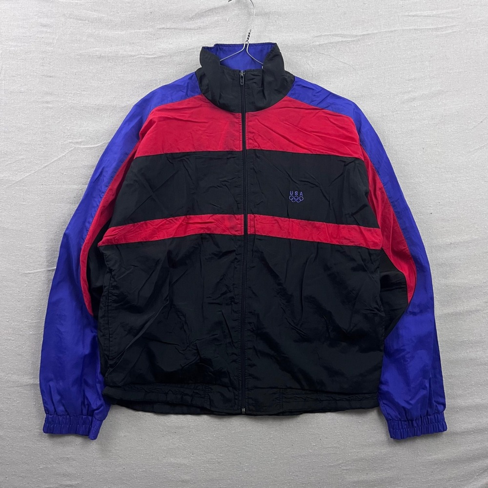 JCPenney USA‎ Olympics Windbreaker Mens Medium Black Red Blue Colorblock Vintage